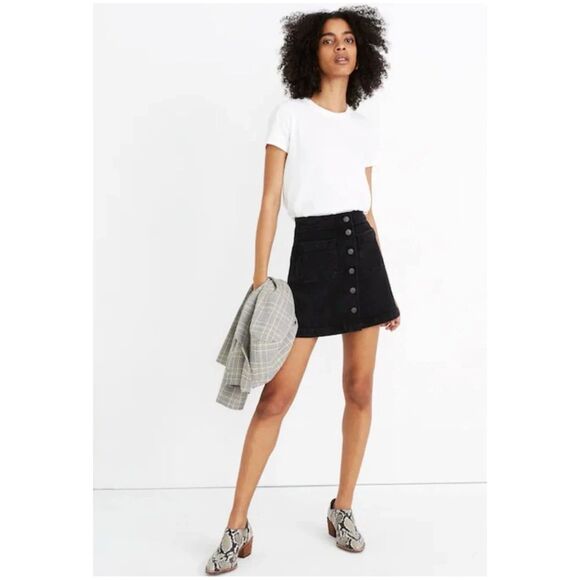 Madewell Black A-Line Mini Skirt Snap Front Stretch Cotton Women 2 Academic - Picture 1 of 10